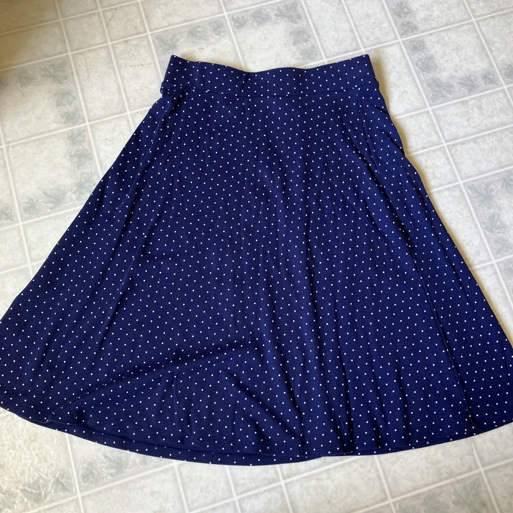 Lands End Skirt Medium 10 12 Navy‎ Blue White Polka Dot Cotton Knit Modest Retro